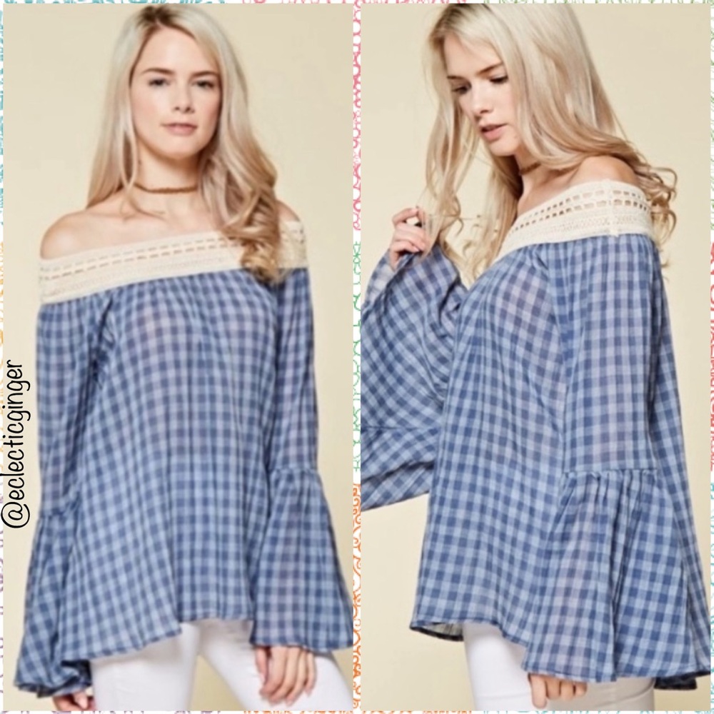 Blue cream Plaid off shoulder lace trim bell sleeve top Small S Medium M Large L